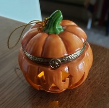 VTG PorcelainResin Pumpkin Hinged Trinket Box Ornament Lights Up Halloween Works picture