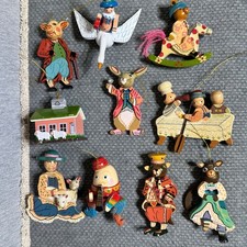 VTG Mother Goose Nursery Rhyme 10 Wooden Folk Art Christmas Holiday Ornaments picture