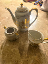 Kutani Hand Painted Porcelain Creamer & Sugar Bowl Set Scenic White Gold picture