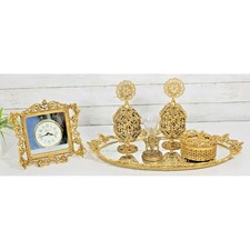 Vintage Gold Ormolu Filigree Vanity Dresser Set 6 Pc Hollywood Regency 24kt Tray picture