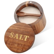 Timtopno Salt Cellar, Acacia Wood Salt Container with Built-in Spoon & Swivel picture