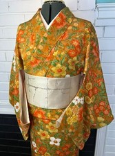 Vintage Awase Kimono – Orange Floral Pattern, Elegant Japanese Traditional Wear picture