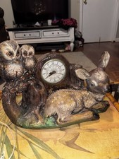 Vintage 1950s Lanshire Chalkware Mantel Clock Woodland Deer Fawn Owls C. Coleman picture