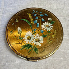 Vintage Melissa Powder Compact 1950s Made in England Brass Enamel Flowers Mirror picture