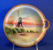 Nippon Noritake Handled Nappy Bowl - Windmill And Sunset - Brown Moriage - Japan picture