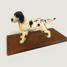 Vintage English Setter Dog Figurine Spelter Metal Hunting Statue on Wood Base picture