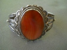 Native American Navajo Orange Tone Agate Sterl Silver Cuff Bracelet w/ Stampwork picture