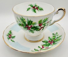 Vintage Tuscan Birthday Flowers December Holly Christmas Cup & Saucer; Teacup picture
