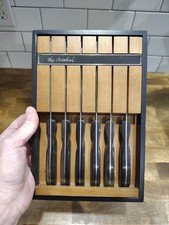 EKCO  MCM 1950’s +/- Arrowhead 6 Piece Art Deco Steak Knife Set W/ Wall Block picture