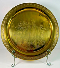 Vintage Asian Engraved Brass Serving Tray with Display Stand - 15in picture