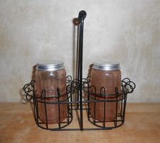 2 Vintage Pink Hoosier Glass Spice Jars Ribbed with Aluminum Lids & Holder picture