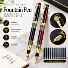 Fine Nib Metal Fountain Pen With 10pc Refillable Ink Cartridges Calligraphy Pen picture