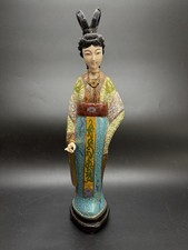 Gorgeous VTG Traditional Cloisonne Lady Figure Brass Enamel On Wood Base 13.5” picture