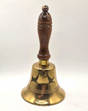 Vintage Mid Century Brass School Hand Bell Turned Wood Handle 7 Inch picture