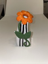 Carol Eldridge Stripped Black & White Whimsical Bud Vase 4.5” With Orange Flower picture