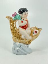 Vintage Chinese Girl Sitting on Koi Fish Porcelain Figurine Floral Nautical 7x6