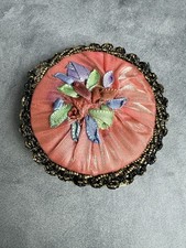 Vintage Round Gold Tone Cosmetic Compact Mirror Pink Floral Fabric Cover 2.9