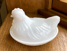 Vintage Small White Milk Glass Chicken Hen Nest Candy Dish Covered Dish Signed picture