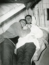 Affectionate Handsome young men couple hug in bed gay int vintage photo picture