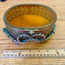 Vintage Footed Ormolu Jewelry Casket. 6 Inch Amber Glass Trinket Box picture