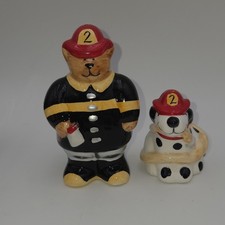 Vintage Coco Dowley Firefighter Salt & Pepper Shaker Bear &Dalmatian Dog picture