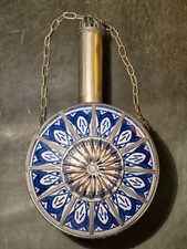Vintage Moroccan Blue White Ceramic Powder Flask Silver Tone Filigree Chain picture