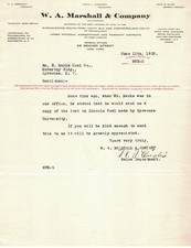 1923 W.A. Marshall & Co. Coal Industry Business Letter New York PA WV picture