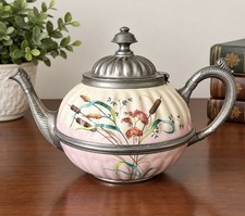 Pink Enamelware & Pewter TeaPot/Coffee 19th Century EUC Antique Unique picture