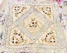 Cream Tablecloth Hand Embroidered Ribbon Flowers Crochet Vintage Square  picture