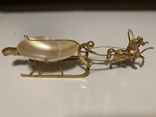 Antique French Gilded Brass Horse & Mother of Pearl Jewelry & Trinket Sleigh picture