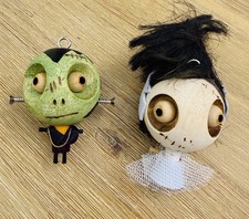 Pier One Imports Halloween Wooden Ornaments Frankenstein & Bride Crazy Heads picture