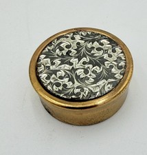 Vintage JAPAN Damascene Style Pill Box Gold Tone Floral Scroll Design picture