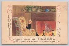 Vintage Christmas Postcard c.1918 Person in Armchair Fireplace Ellen Clapsaddle* picture