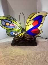 Double Butterfly Stained Glass Tiffany Style Accent Lamp Rose Base Working picture
