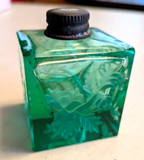 Vintage Green Glass Vanity Perfume or Ink Well with Leaf Motif Embedded picture