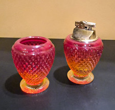 Vintage UV Reactive Amberina Glass Table Lighter Cigarette Holder Set MCM picture