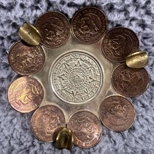 Vintage Handmade Mexican Centavos Ashtray With Mayan / Aztec Calendar 1970s Art picture
