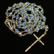 Classic Mid-century Blue Crystal Bead Rosary 24in Italy 8.5mm Iridescent picture
