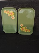 Vintage Lot 2 MCM Retro Flower Power Yellow Daisy Avocado Green Metal Tray picture