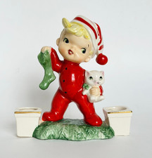 VTG Norcrest Christmas Boy Kitten Candle Holder 1950s Candy Cane Japan picture