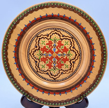 Polish Folk Art Pyrography Plate 9.75 Hand Carved Painted Wood Wall Art Vtg  picture