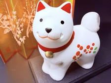 Japanese White Clay Lucky Shiba Inu Fuku Dog ETO Ornament Stand Screen Figurine picture
