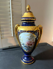 VINTAGE 1990’s Limoges France Blue Gold White Porcelain Lidded Urn w/ Handles  picture