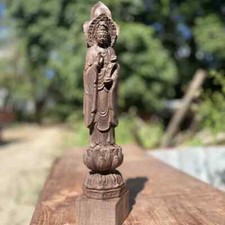 8.2 inch Natural Wood Carving Three-faced Guanyin Statue Home Fengshui Blessing picture