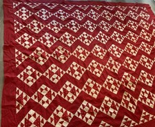 Antique Patchwork Quilt Top, Early 1900’s, Red & White, Four Patch W/ Triangles picture