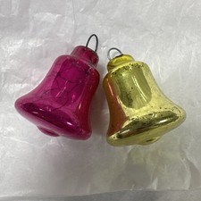 2 Vintage Mercury Glass Bell Christmas Ornaments Pink Yellow Gold West Germany picture