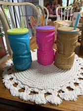 3 Cool Gear Tiki Tumbler Lid & Straw Island Vibe Pink Brown Blue Summer 2014 NOS picture