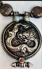Vintage Tibetan Silver Dragon Medallion Necklace Turquoise Coral Pendant picture