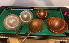 2 vintage copper bowls and 1 copper strainer, 2 copper metal strainers picture