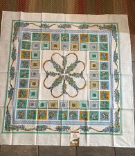 Vintage Tablecloth Paper Tag Attached Green Blue Yellow Floral Flaws Read picture